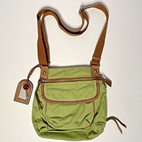 Vintage Fossil Boho Festival Crossbody Canvas Bag Purse Green Brown 10x10x3 (P3) - Picture 4 of 15